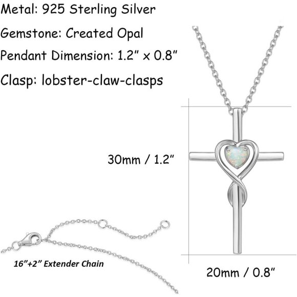 Birthstone Opal Cross Necklace for Women with Heart Accent, 18" Silver Pendant - Picture 3 of 7